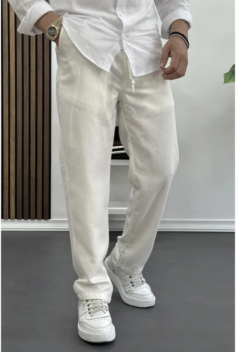 Erkek Rahat Kesim Keten Pantolon Beyaz Edw138