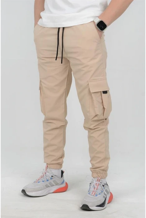 Erkek Slim Fit Cepli Beli ve Paçası Lastikli İnce Spor Pantolon Bej Edw071