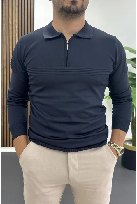 Erkek Slim Fit Çizgi Detaylı Polo Yaka Kazak Lacivert Edw427
