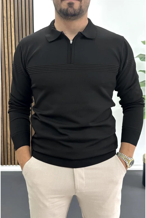 Erkek Slim Fit Çizgi Detaylı Polo Yaka Kazak Siyah Edw427