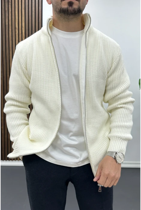 Erkek Slim Fit Fermuarlı Hırka Ekru Edw434