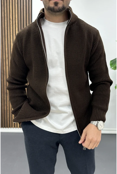 Erkek Slim Fit Fermuarlı Hırka Kahverengi Edw434