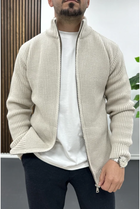 Erkek Slim Fit Fermuarlı Hırka Vizon Edw434