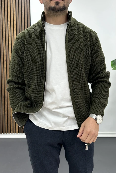 Erkek Slim Fit Fermuarlı Hırka Yeşil Edw434