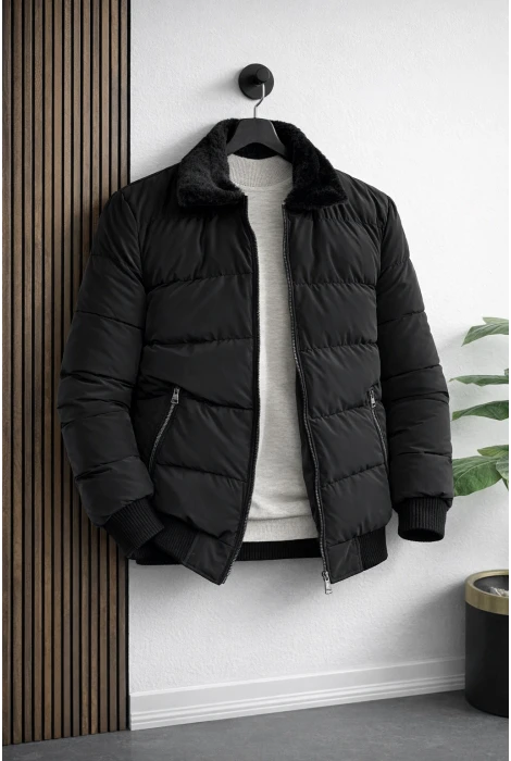 Erkek Slim Fit Karbon Deri Mont Siyah Edw440