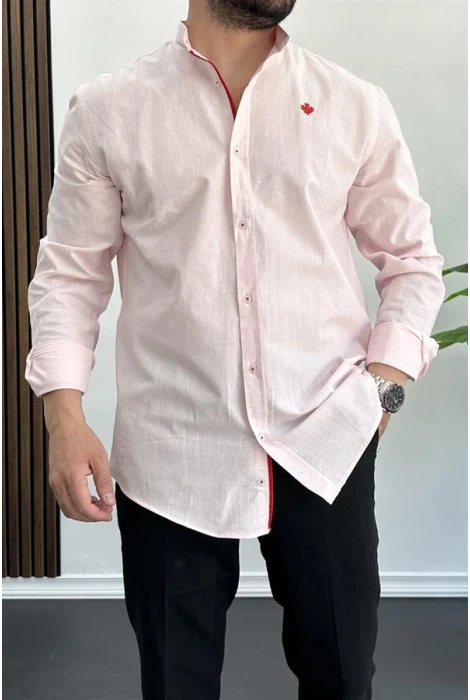 Erkek Slim Fit Keten Görünümlü Pamuklu Hakim Yaka Gömlek Pembe Edw087