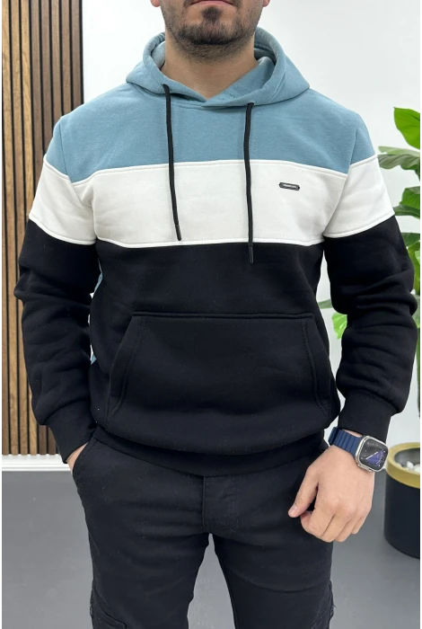 Erkek Slim Fit Renk Bloklu Kapüşonlu Sweatshirt Açık Mavi Edw438