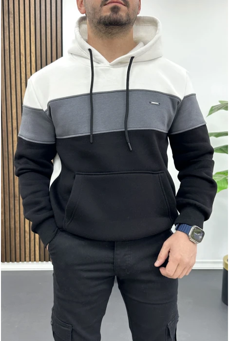 Erkek Slim Fit Renk Bloklu Kapüşonlu Sweatshirt Beyaz Edw438
