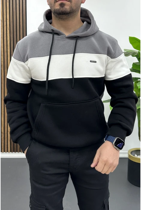Erkek Slim Fit Renk Bloklu Kapüşonlu Sweatshirt Füme Edw438