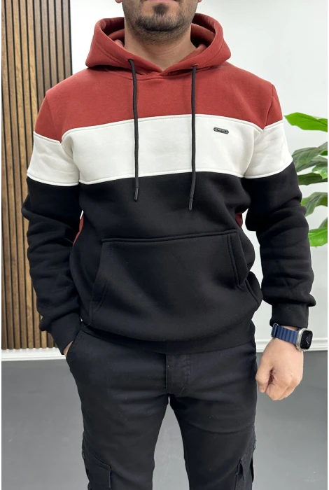 Erkek Slim Fit Renk Bloklu Kapüşonlu Sweatshirt Kırmızı Edw438