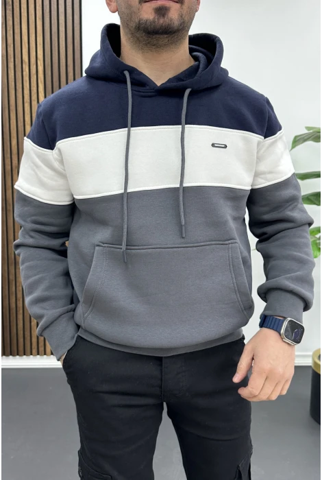 Erkek Slim Fit Renk Bloklu Kapüşonlu Sweatshirt Lacivert Edw438