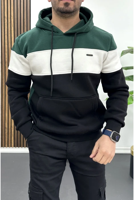 Erkek Slim Fit Renk Bloklu Kapüşonlu Sweatshirt Yeşil Edw438