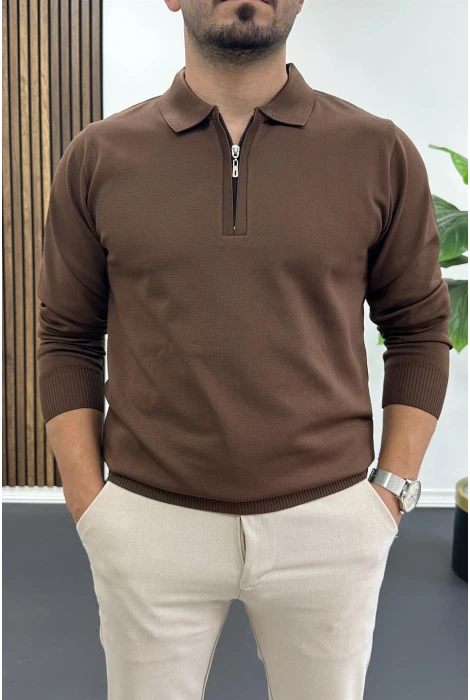 Erkek Yarım Fermuarlı Düz Desen Polo Yaka Kazak Kahverengi Edw424