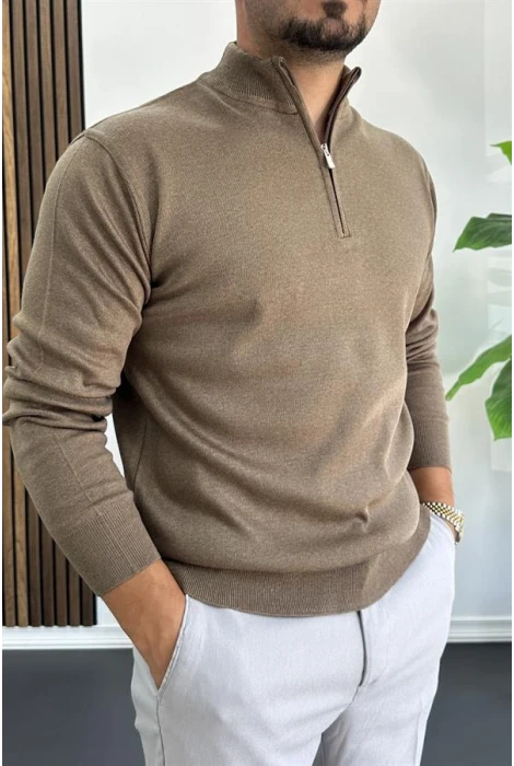 Erkek Yarım Fermuarlı Normal Kalıp Kazak Kahverengi Edw411