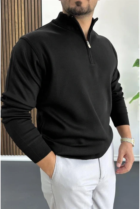 Erkek Yarım Fermuarlı Normal Kalıp Kazak Siyah Edw411