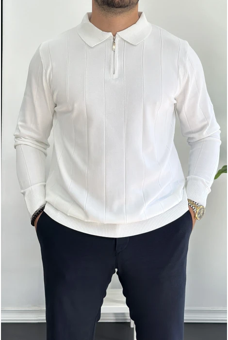 Erkek Yarım Fermuarlı Polo Yaka Mevsimlik Kazak Beyaz Edw195