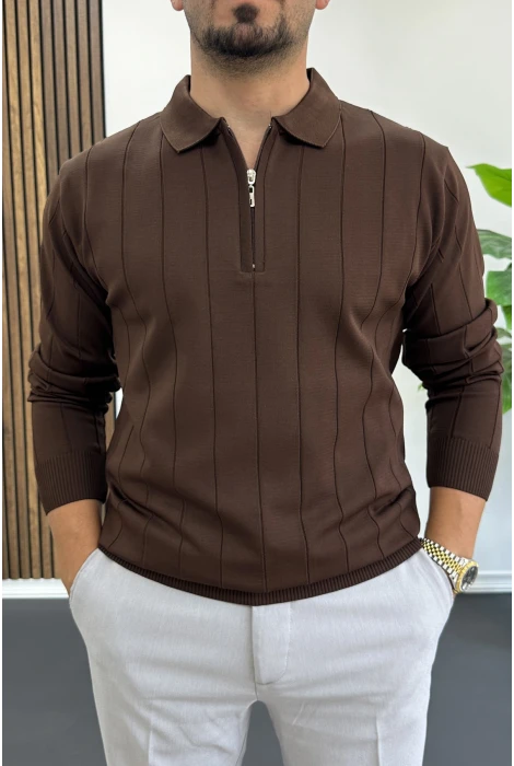 Erkek Yarım Fermuarlı Polo Yaka Mevsimlik Kazak Kahverengi Edw195