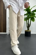 Erkek Pamuklu Keten Görünümlü Pantolon Krem Edw443