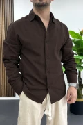 Erkek Pamuklu Keten Görünümlü Gömlek Kahverengi Edw444