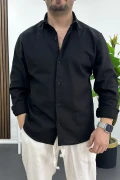 Erkek Pamuklu Keten Görünümlü Gömlek Siyah Edw444