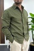 Erkek Pamuklu Keten Görünümlü Gömlek Yeşil Edw444