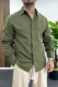 Erkek Pamuklu Keten Görünümlü Gömlek Yeşil Edw444
