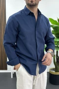 Erkek Pamuklu Keten Görünümlü Gömlek Lacivert Edw444