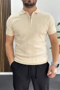 Erkek Slim Fit Fermuarlı Polo Yaka Tişört Krem Edw452