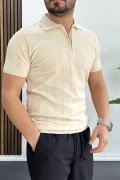 Erkek Slim Fit Fermuarlı Polo Yaka Tişört Krem Edw452
