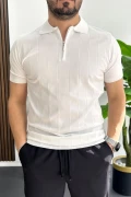 Erkek Slim Fit Fermuarlı Polo Yaka Tişört Beyaz Edw452