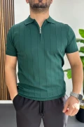 Erkek Slim Fit Fermuarlı Polo Yaka Tişört Yeşil Edw452