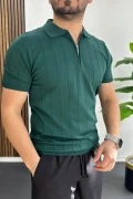 Erkek Slim Fit Fermuarlı Polo Yaka Tişört Yeşil Edw452