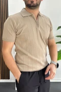 Erkek Slim Fit Fermuarlı Polo Yaka Tişört Vizon Edw452