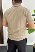 Erkek Slim Fit Fermuarlı Polo Yaka Tişört Vizon Edw452