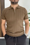 Erkek Slim Fit Fermuarlı Polo Yaka Tişört Açık Kahve Edw452