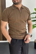 Erkek Slim Fit Fermuarlı Polo Yaka Tişört Açık Kahve Edw452