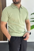 Erkek Slim Fit Fermuarlı Polo Yaka Tişört Açık Yeşil Edw452
