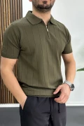 Erkek Slim Fit Fermuarlı Polo Yaka Tişört Haki Edw452