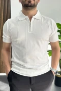 Erkek Desenli Polo Yaka Tişört Beyaz Edw457