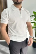 Erkek Desenli Polo Yaka Tişört Beyaz Edw457