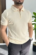 Erkek Desenli Polo Yaka Tişört Krem Edw457