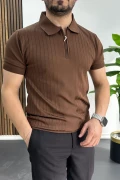 Erkek Çizgi Desenli Polo Yaka Kahverengi Edw458