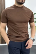 Erkek Düz Desen Bisiklet Yaka Tişört Kahverengi Edw459