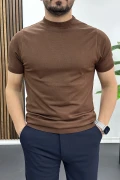 Erkek Düz Desen Bisiklet Yaka Tişört Kahverengi Edw459