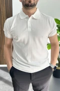 Erkek Desenli Polo Yaka Tişört Beyaz Edw460