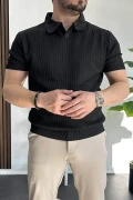 Erkek Açık Yaka Çizgili Desenli Tişört Siyah Edw258