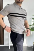 Erkek Açık Yaka Çizgli Tişört Gri Edw236