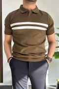 Erkek Açık Yaka Çizgli Tişört Kahverengi Edw236