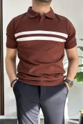 Erkek Açık Yaka Çizgli Tişört Kiremit Edw236