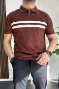 Erkek Açık Yaka Çizgli Tişört Kiremit Edw236